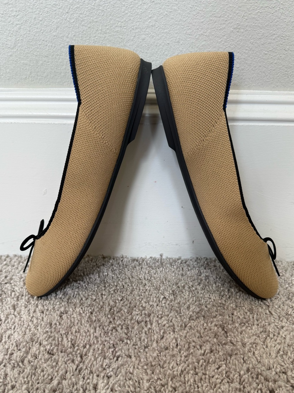Rothy's Tan Round Toe Ballet Flats with Black Trim and Bow - Picture 10 of 11